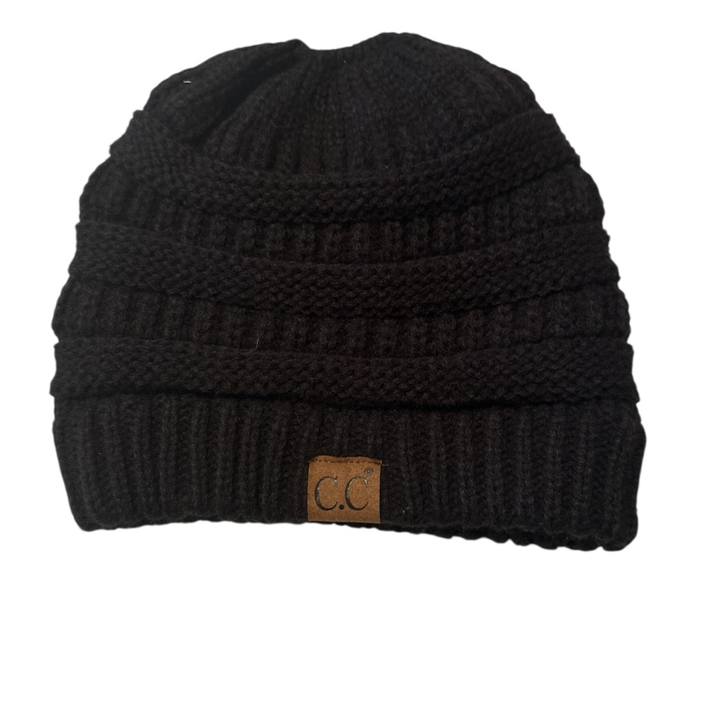 C.C Black Chunky Cozy Knit Foldover Winter Beanie with Ponytail Hole One Size